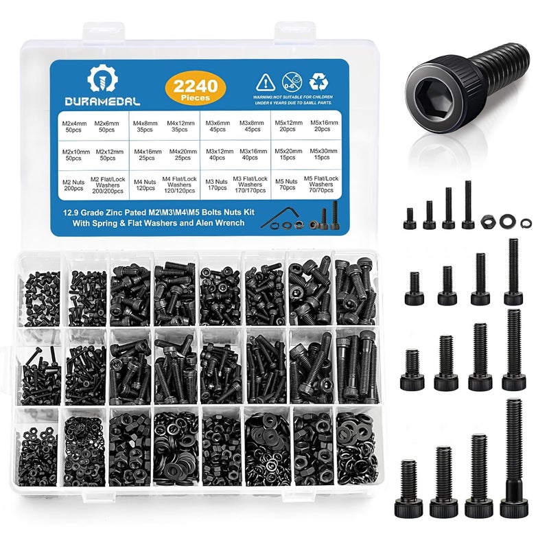 Duramedal 2240PCS Metric Screw Assortment,M2-M5 Metric Screw Kit, Hex Socket Metric Bolts, Metric Machine Screws 12.9 Grade Alloy Steel,Black Zinc Plated,Free Allen Head Wrench - Image 1
